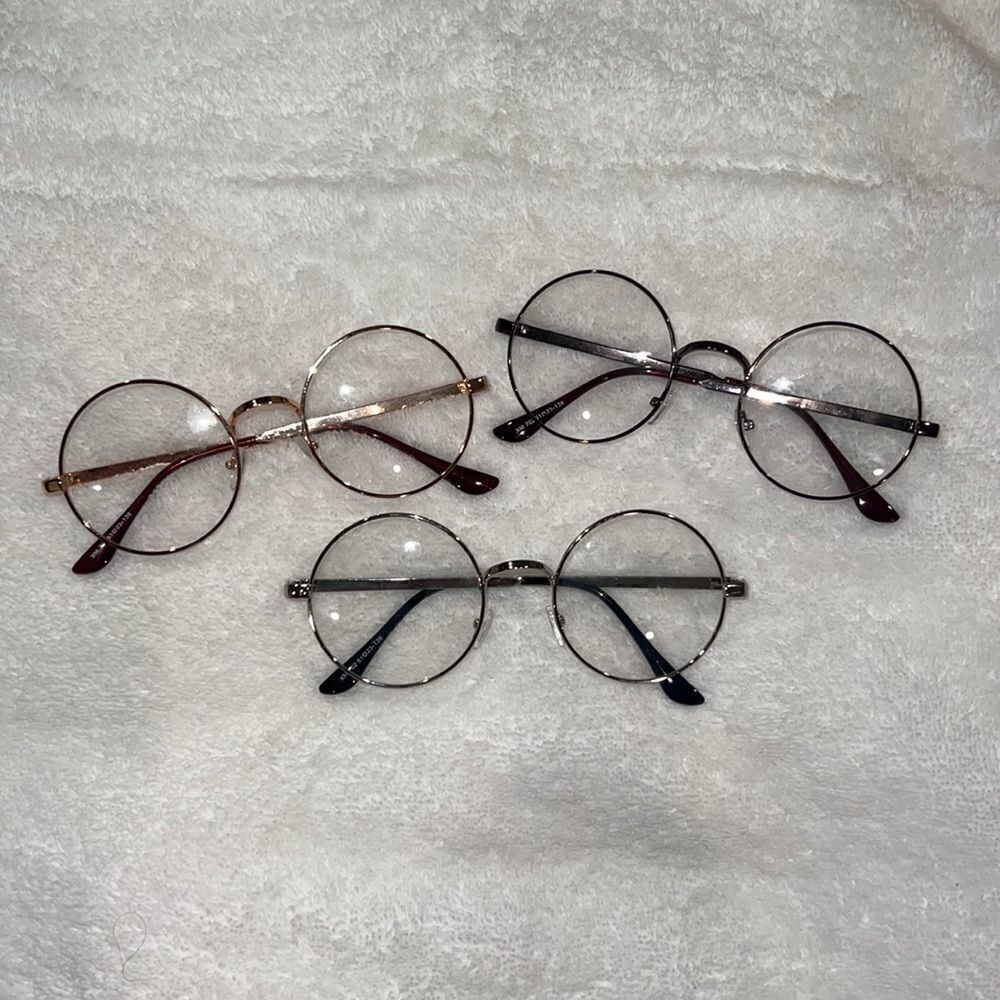 Three pair bundle clear lense glasses gold brown and silver